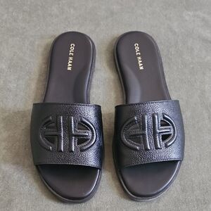 Cole Haan Flynn Logo Black Embossed Leather Slide Sandals